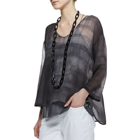 Eileen Fisher Silk 3/4 Sleeve Semi-Sheer V-Neck Hi-Low Blouse Gray Womens Size L - Picture 1 of 5